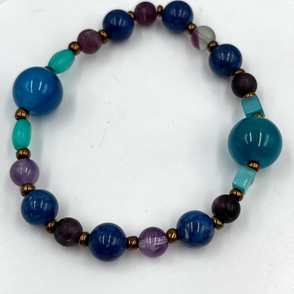 Vintage Beaded Stretch Bracelet Blue Purple Green Round Beads Gold Tone Spacers